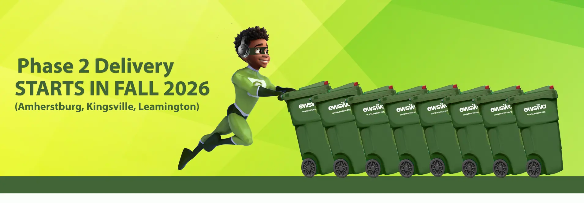 Young superhero pushing a stack of Green Bins to the right