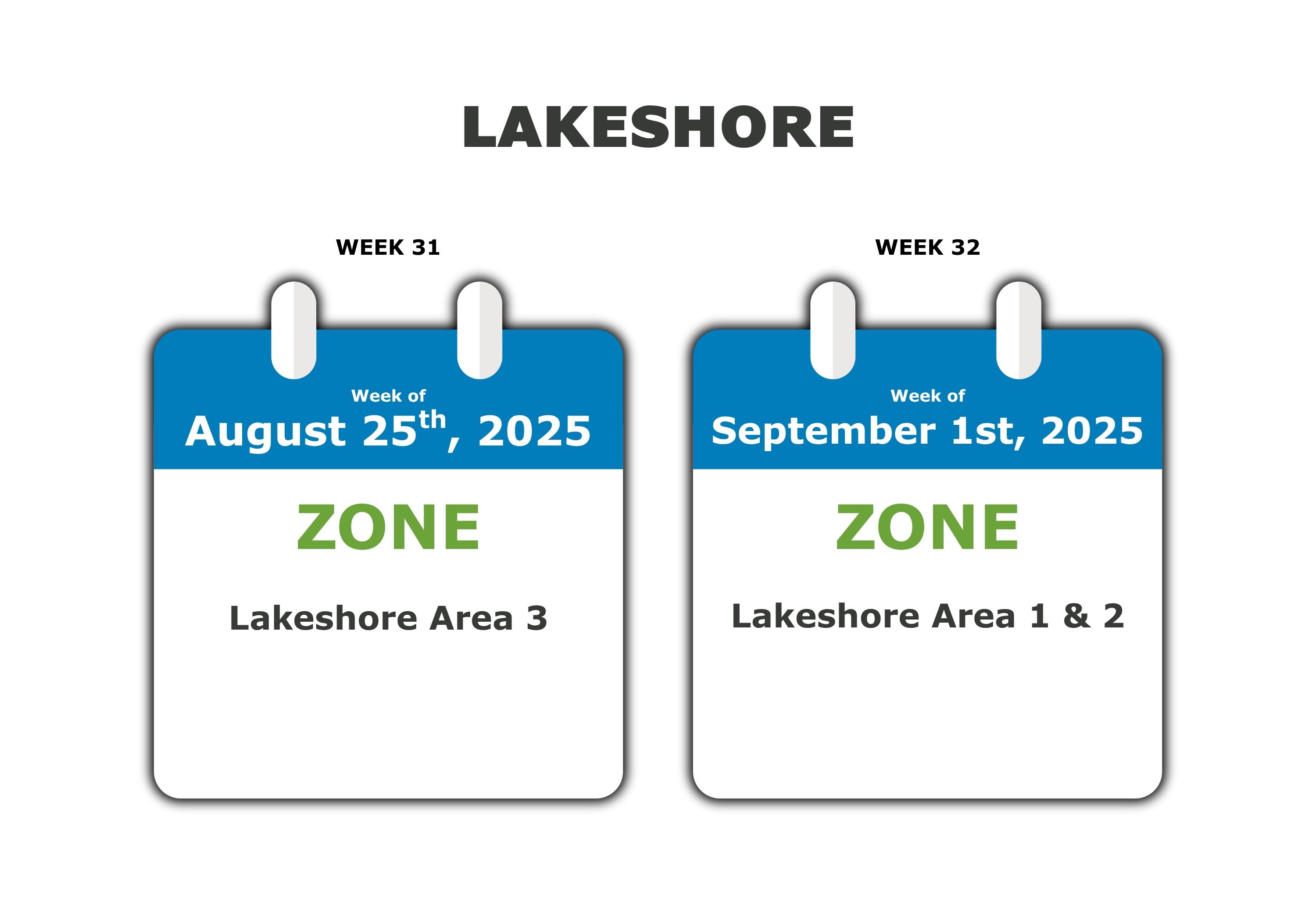 Lakeshore Area 3 August 25, Area 1 & 2 September 1.